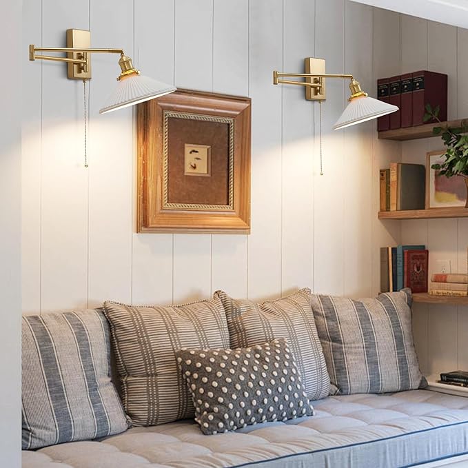 Vintage Milk Glass Wall Sconce Modern Rushed Brass Swing Arm Wall Light Mid Century Gold Wall Sconce with Pull Chain Wall Mounted Light Fixture White Ceramic Wall Lamp for Bedroom MWL14A-1