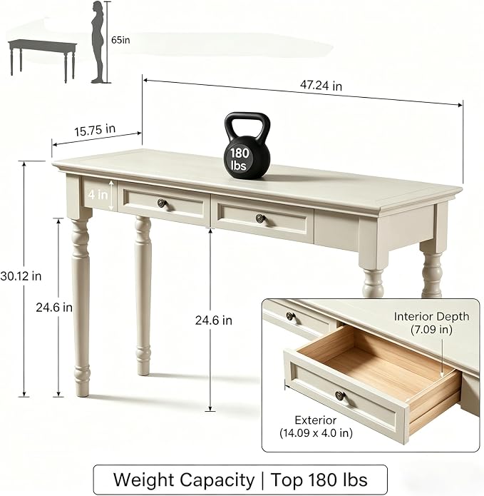 ADORZ Narrow Writing Desk with Drawers, 47 Inch French Country Solid Wood Desk for Home Office, Study Workspace or Bedroom, White