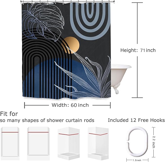 Yookeb Abstract Blue Mid Century Bathroom Shower Curtain 60W by 71H Inch Minimalist Aesthetic Modern Contemporary Plant Leaves Vintage Polyester Fabric 12 Plastic Hooks Waterproof Decor