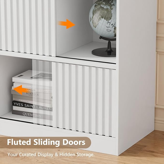 Einhomn 8 Cube Storage Organizer with Sliding Doors, Modern Fluted Bookshelf with Storage Cabinet, Wooden Bookcase with 4 Open Shelves for Living Room, Home Office, Bedroom, White