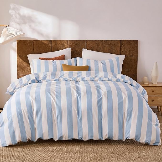 Merryword Blue and White Striped Duvet Cover Set King Size, 100% Cotton Bedding Set with Zipper Closure & 8 Corner Ties, Luxury Linen Like Bedding, Soft Breathable Comforter Cover for All Seasons