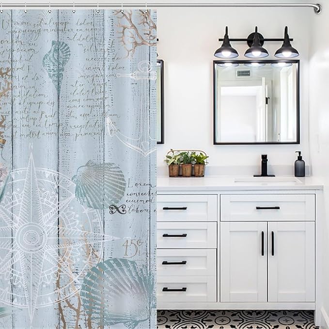 Blue Nautical Coastal Shower Curtains,Vintage Marine Coastal Sailboat Compass Anchor Ocean Beach Theme Bathroom Curtain Waterproof Fabric Machine Washable with Hooks,72x84Inch