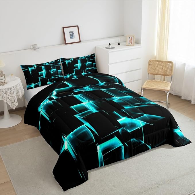 Erosebridal Modern Kids Comforter Set, 3D Plaid Square Print Twin Size Bed Set for Teen Boys, Black and Teal Soft Microfiber Bedding Sets for All Seasons, 2 Piece