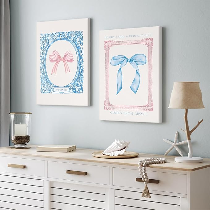 Preppy Bow Wall Art Decor Set of 2 Coquette Canvas Wall Decor Aesthetic Pictures Trendy Girly Wall Art Pink Blue Bow Prints Christian Bible Verse Poster for Bedroom Living Room 12x16 Inch Framed