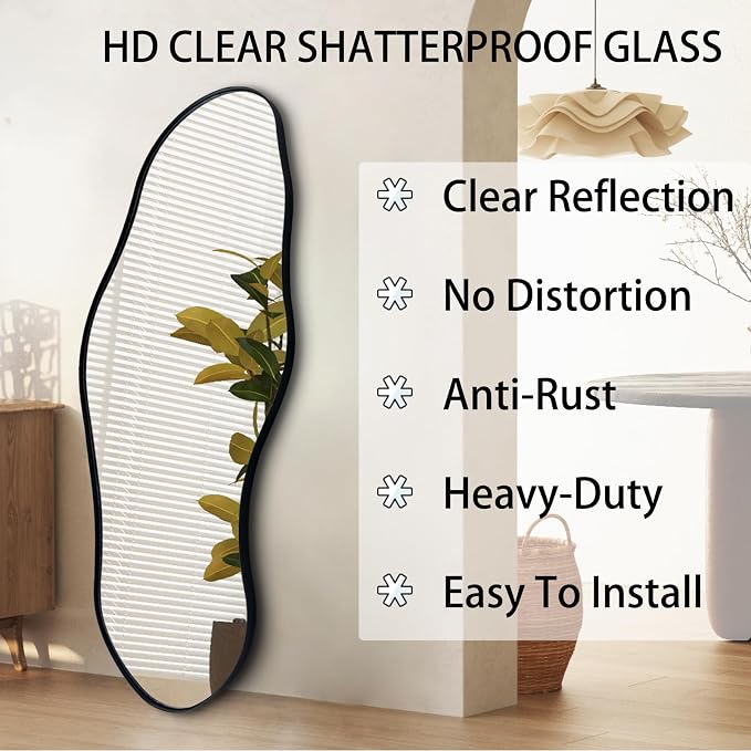 Large Irregular Wall Mirror, 55"x22" Asymmetrical Decorative Mirror with Black Metal Frame, Organic Shaped Mirrors for Entryway Bedroom Hallway Living Room, Horizontal/Vertical Hanging