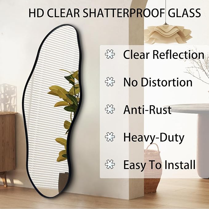 Irregular Mirror, 47"x20.5" Asymmetrical Mirrors, Abstract Wall Mirror with Metal Frame, Modern Unique Shaped Mirrors for Living Room Bathroom Bedroom Hallway Entryway Fireplace