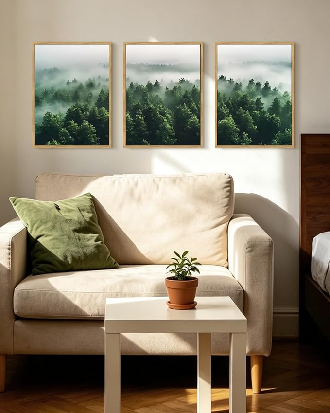 KUVIOKE Green Fog Pine Tree Framed Wall Art Nature Nordic Misty Forests Artwork Morden Painting Bedroom Decor 12x16in (Natural Framed)