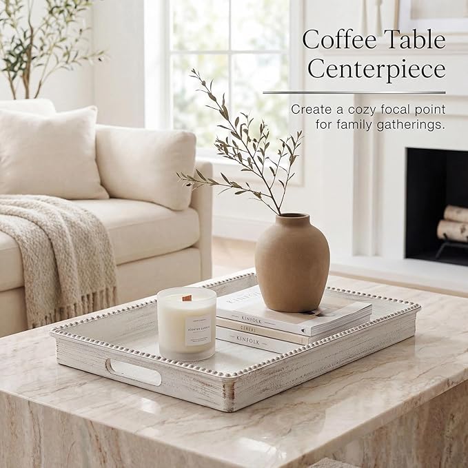 Decorative Tray, Rectangular Plastic Tray with Handles, Modern Vanity Tray and Serving Tray for Bathroom, Kitchen, Ottoman and Coffee Table, 15.6” x 10.2” (Retro White)