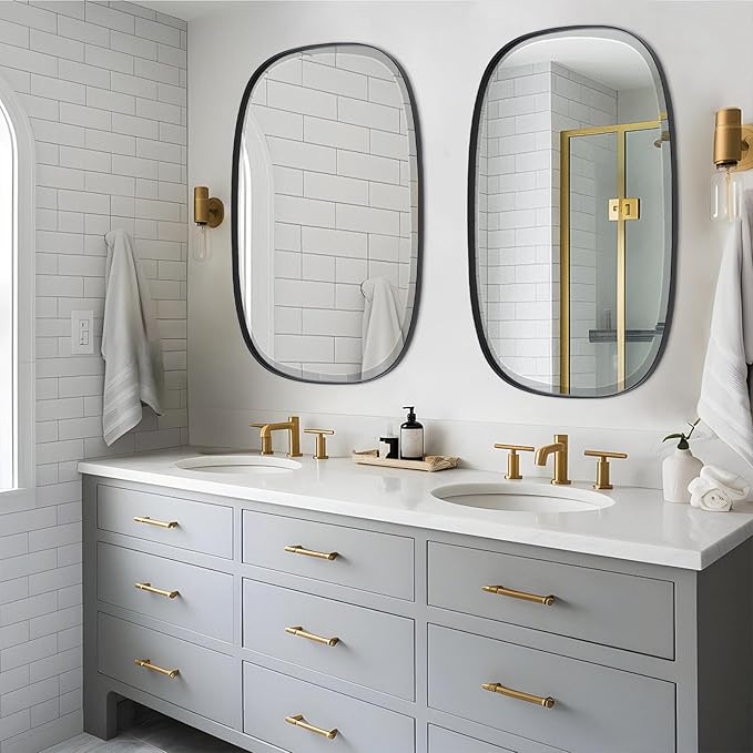 POZINO Rectangle Beveled Mirror, 24"x40" Modern Vanity Mirror with Stainless Steel Frame, Modern Oblong Wall Mirrors for Living Room Bathroom Bedroom Entryway, Hangs Horizontal Or Vertical ﻿