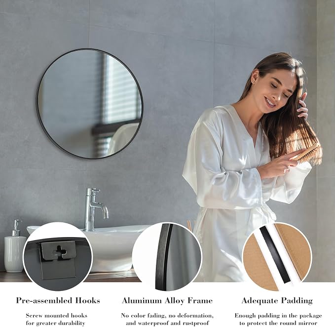 NEWBULIG Round Bathroom Mirror for Over Sink, 20 Inch Wall Mount Vanity Circle Mirror with Matte Metal Framed, Decor for Bathroom, Entryway, Bedroom, Black