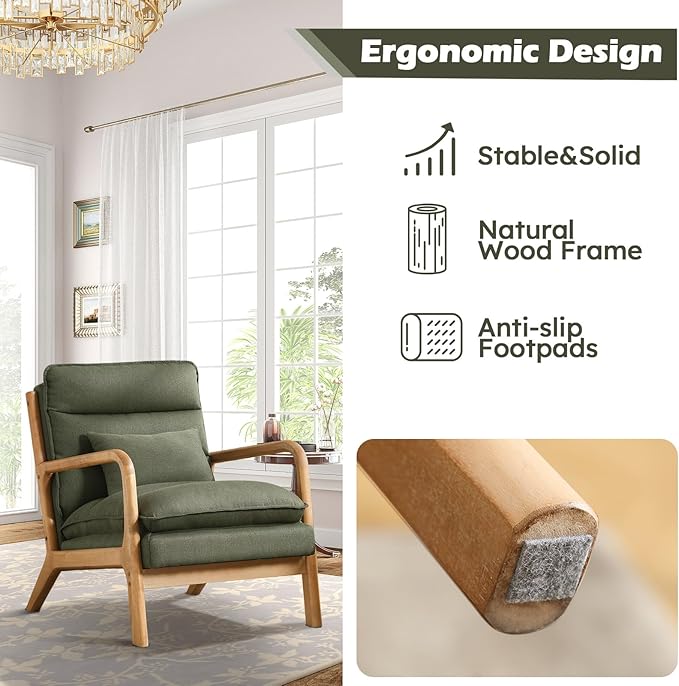 Mid Century Modern Accent Chair, Upholstered Lounge Armchair with Plump Back Pillow, Comfy Reading Chair with Solid Wood Frame for Bedroom Living Room, Green