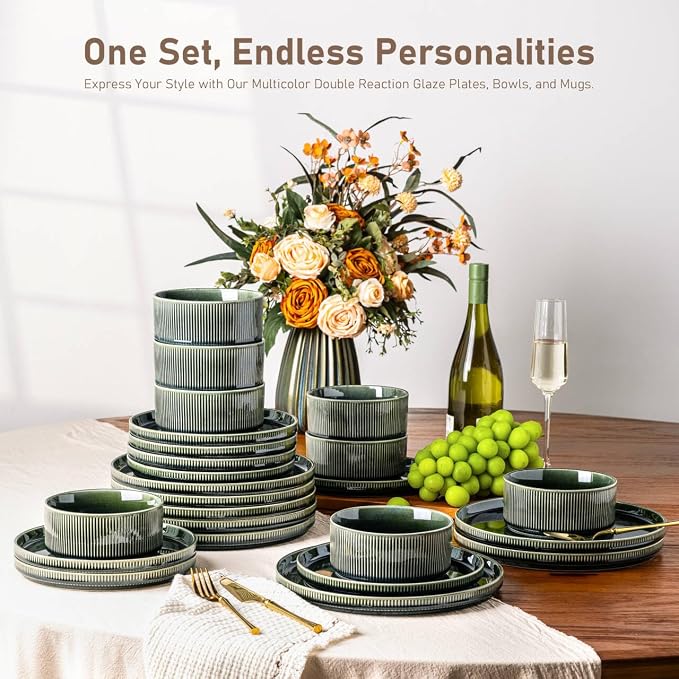 GBHOME 12-Piece Stoneware Dinnerware Set for 4 – Ribbed Ceramic Plates and Bowls, Scratch-Resistant, Microwave & Dishwasher Safe, Reactive Glaze, Mossed Jade