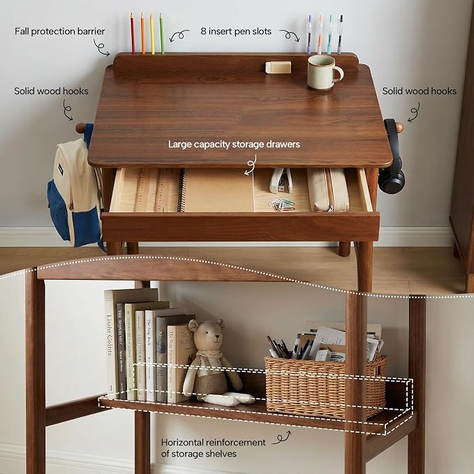 Solid Wood Study Desk & Home Office Writing Table with Drawers, 31" Vintage Mid Century Modern Computer Desk, Home Office Workstation for Bedroom, Small Spaces, Apartment(Walnut,31.5 Inch Wide)
