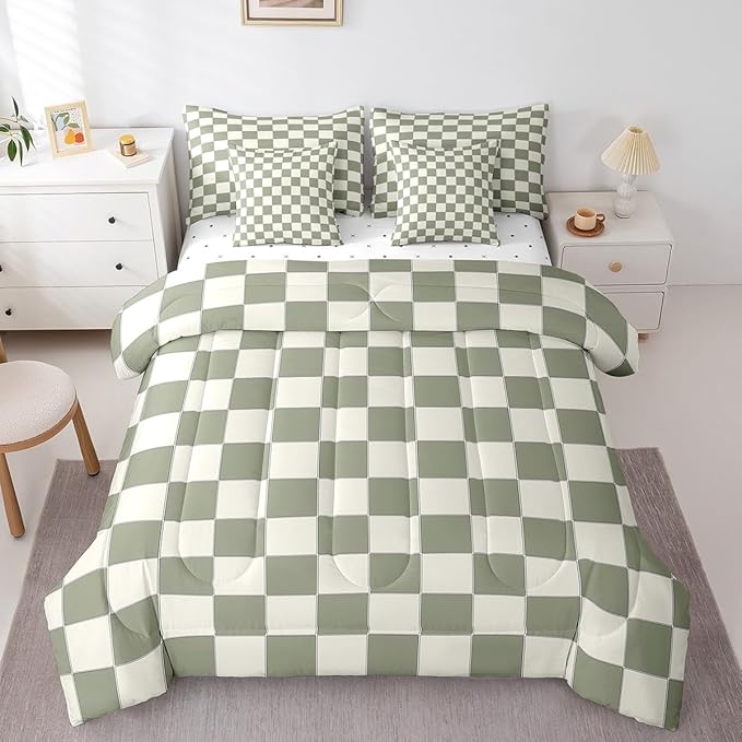 Erosebridal Plaid Twin Comforter Set 7 Piece Beige Sage Green Checkerboard Bed in A Bag with Sheets Geometric Checkered Bedding Set for Kids Boys Girls,Aesthetic Grid Bed Set