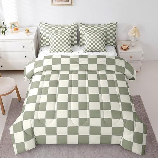 Erosebridal Plaid Twin Comforter Set 7 Piece Beige Sage Green Checkerboard Bed in A Bag with Sheets Geometric Checkered Bedding Set for Kids Boys Girls,Aesthetic Grid Bed Set