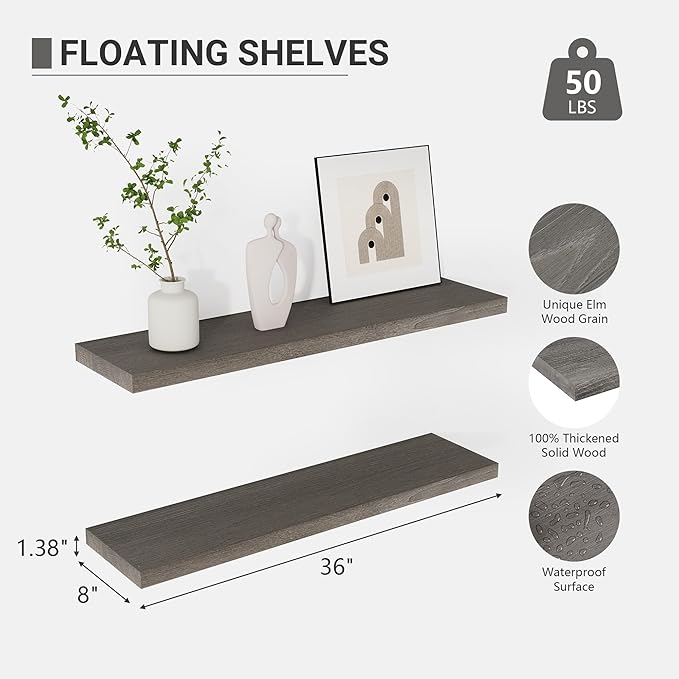 Vivelove Solid Wood Floating Shelves Set of 2, Elm Wood Wall Shelf with Invisible Bracket for Living Room Bedroom Bathroom Office, Rustic Farmhouse Display Shelf, 36 inch - Grey