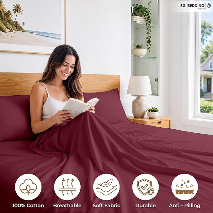 SGI bedding 100% Egyptian Cotton Sheets Queen Size – 600 Thread Count Sheets Set, Soft, Cooling, 15" Deep Pocket, Luxury Hotel Bedding, Breathable, Durable - Burgundy
