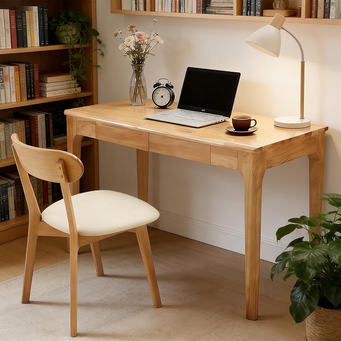 47" Solid Wood Desk with Drawers - Natural Wood Small Desk for Bedroom & Solid Wood Computer Desk, Antique Small Wooden Home Office, Mid Century Desk for Study, Living Room, Office