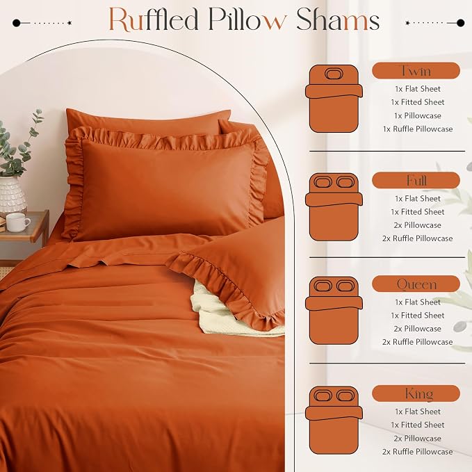 Horbaunal Burnt Orange Ruffle Sheets Queen Size 6 Piece, Fits 16" Deep Mattress, Microfiber Orange Queen Sheets with 2 Ruffled Pillowcases, Shabby Chic Queen Bed Sheet Set