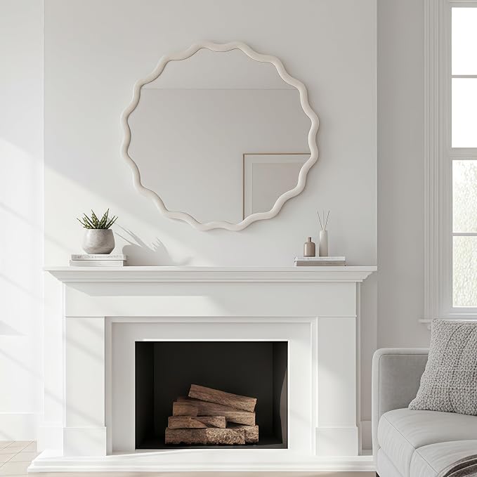 24 Inch Wooden Wavy Round Wall Mirror, Modern Solid Wood Frame Circle Decorative Accent Mirror for Bedroom, Bathroom, Living Room, Entryway, White