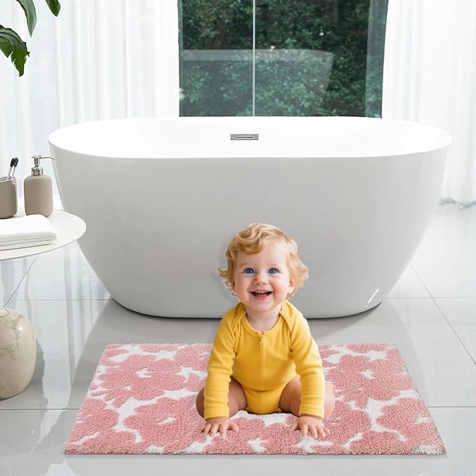 Civkor Pink and White Bathroom Rug, Tufted Flower Bath Mat for Bathroom with Non Slip TPR Backing, Quick Dry Microfiber Surface, Soft and Super Water Absorbent Bath Rug, 31x20Inch