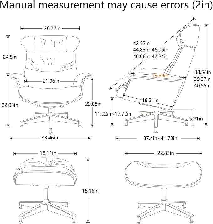 Mid Century Modern Chaise Lounge Chair with Ottoman,Swivel Accent Chair Top Black Full Grain Leather,Walnut Wood,Adjustable Backrest Headrest,Heavy Duty Metal Base for Office,Living Room,Black