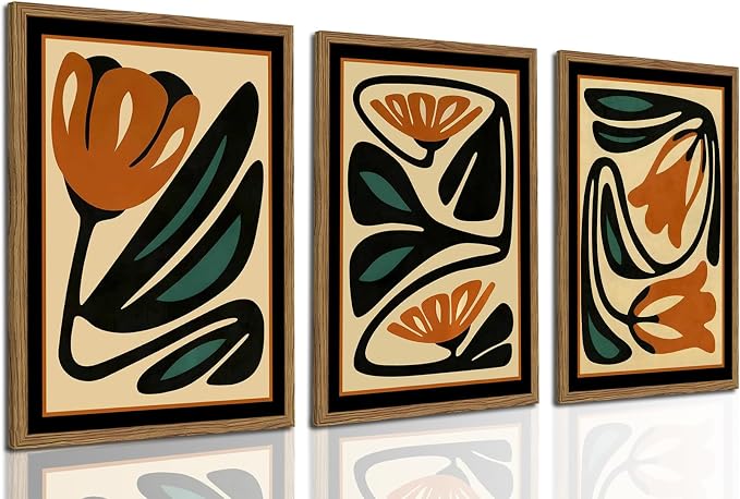 Mid Century Floral Wall Art Set of 3, Modern Abstract Botanical Wall Decor Picture, Vintage Boho Eclectic Plant Canvas Prints Paintings for Bedroom Living Room 12x16 inch Framed