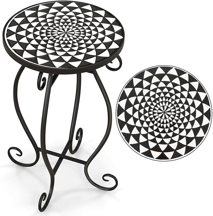 Giantex Outdoor Side Table, Mosaic Patio Table, 12 inch Accent Table Plant Stand Indoor, Ceramic Tile Top Metal Frame, Small End Table Porch Beach Patio Garden Balcony Poolside (Monochrome)