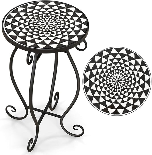 Giantex Outdoor Side Table, Mosaic Patio Table, 12 inch Accent Table Plant Stand Indoor, Ceramic Tile Top Metal Frame, Small End Table Porch Beach Patio Garden Balcony Poolside (Monochrome)