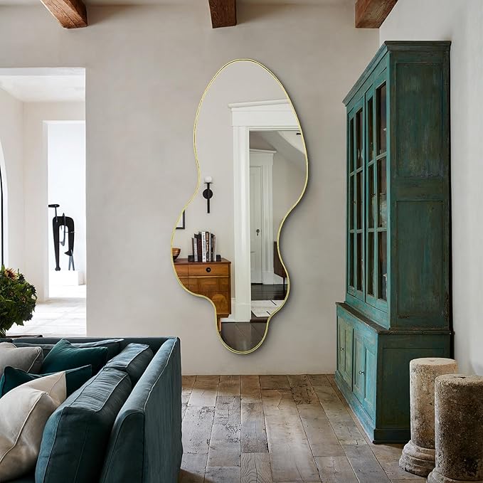 Irregular Wall Mirror, 60"x30" Gold Asymmetrical Mirrors Full Length, Large Abstract Mirrors with Metal Frame, Modern Unique Shaped Mirror for Living Room Bathroom Bedroom Hallway Entryway