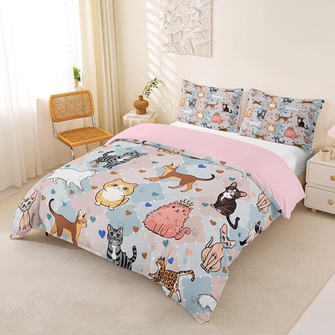 Erosebridal Cat Bedding Set Full Cute Kitten Duvet Cover Kawaii Pet Animals Comforter Cover for Kids Girls Boys Adults Hearts & Paw Pastel Argyle Patchwork Plaid Bed Set