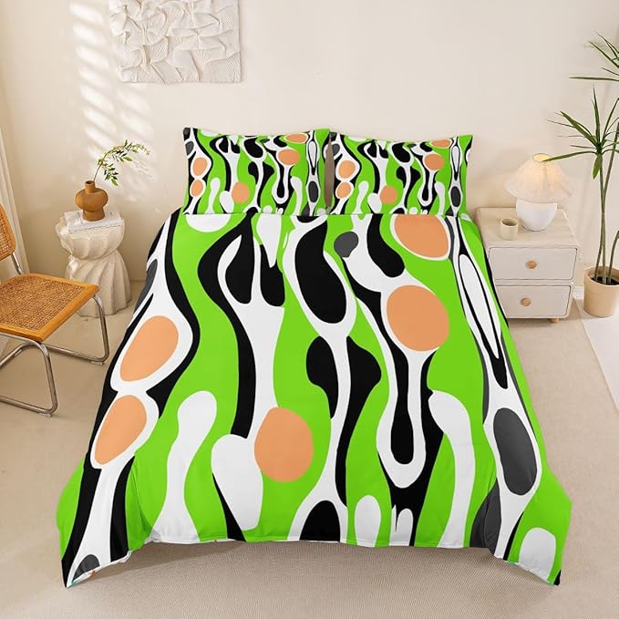 Erosebridal Organic Geometric Duvet Cover Set Modern Abstract Queen Bedding Set for Kids Teens Child Retro Mid Century Comforter Cover Modern Fluid Art Irregular Circles Bed Sets,Lime Green Peach