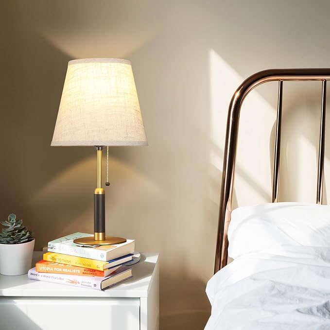 18.9" Set 2 Modern Mid Century Table Lamp Pull Chain Bedside Lamps for Nightstand Lamp for Bedroom Living Room Light, Solid Wood/Metal/Fabric for Home Office Dorm Decor (Light Brown+Brass)