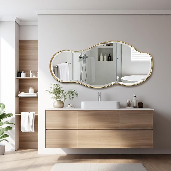 POZINO Large Irregular Beveled Mirror, 53"x24" Asymmetrical Wall Mirror with Gold Metal Frame, Organic Shape Mirrors for Entryway Hallway Living Room Bathroom Bedroom, Horizontal/Vertical Hanging