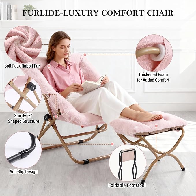 Furlide Dorm Chair with Ottoman, X-Large Soft Saucer Chair, Oversized Folding Faux Fur Accent Chair, Foldable Metal Frame Chair for Bedroom, Living Room (Pink)