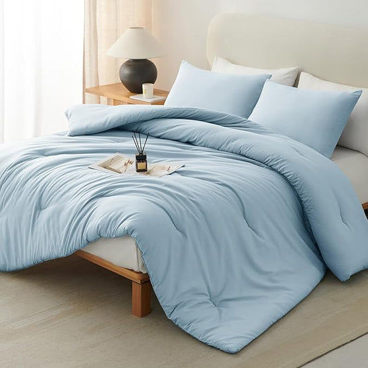 CozyLux Oversized King Comforter Set Light Blue, 3 Pieces 120"x98" Lightweight Down Alternative Quilted Bedding Sets, All Season Breathable Solid Comforter with 2 Pillowcases, Bed Set Gift for Home