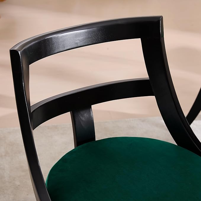 Modern Farmhouse Dining Chairs Set of 2 Mid Century Upholstered Dining Chair with Wooden Curved Back Kitchen Chairs for Dining Room Restaurant Cafe, Black-Velvet Green