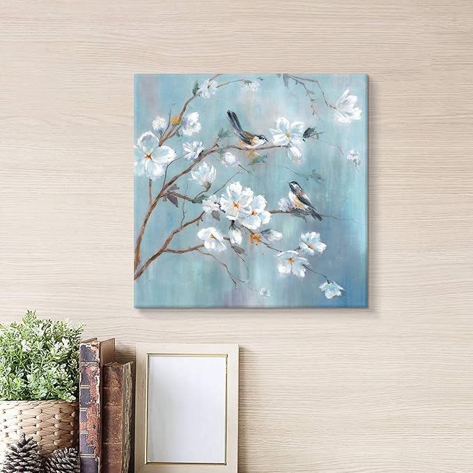 White Floral Canvas Artwork Wall: Elegant Flower Tree and Birds Wall Art Painting for Living Room (20'' x 20'' x 1 Panel)