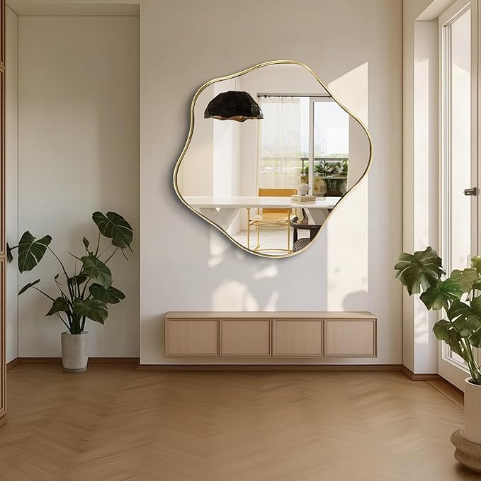 Gold Irregular Shaped Mirror, 35" Asymmetrical Mirrors for Wall, Large Scalloped Mirror Decorative, Modern Wavy Round Mirrors for Living Room Bathroom Bedroom Hallway Entryway Fireplace