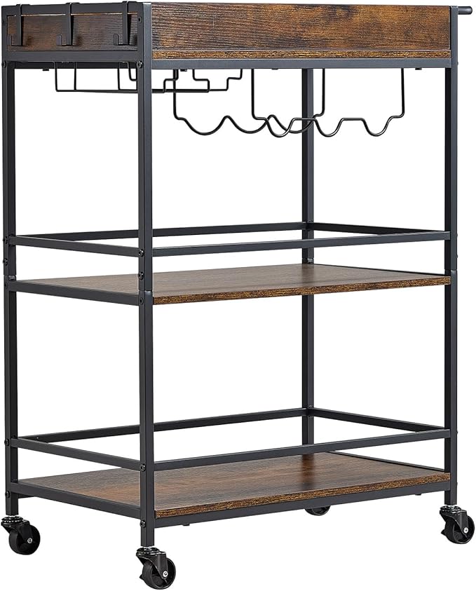VEVOR Bar Cart, 3 Tiers Home Kitchen Serving Carts, Industrial Rolling Utility Station on Wheel, Mobile Drink Beverage Shelf with Wine Rack & Glass Holder, 26.77x14.17x32.68 in, Rustic Brown and Black