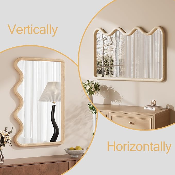 ULIKE Wavy Mirror for Wall, Rustic Wood Mirror for Bathroom Vanity, 24x36 Wooden Wall Mirrors Decorative for Bedroom, Living Room, Entryway, Natural