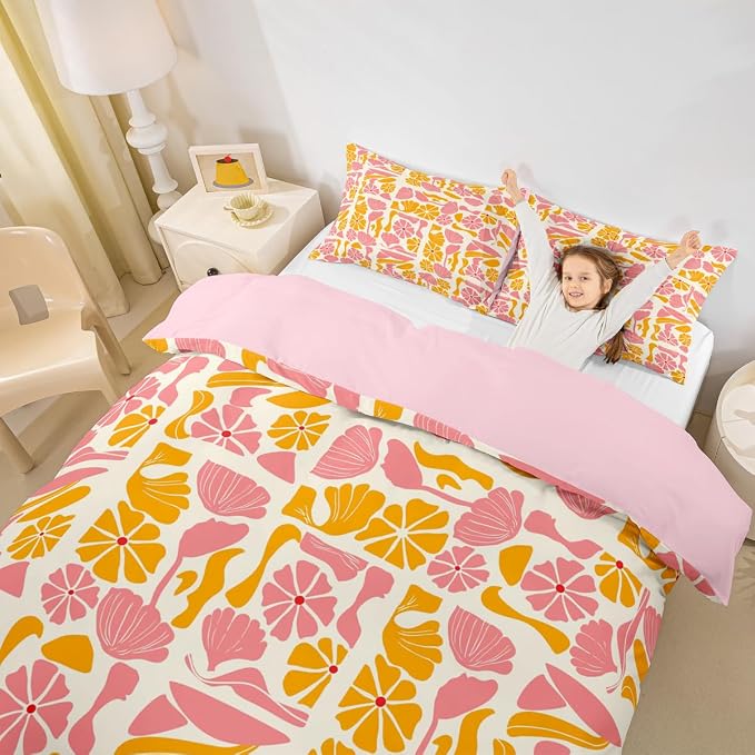 Erosebridal Boho Abstract Colorful Floral Duvet Cover King Vintage Retro Patchwork Orange Pink Bedding Set Flower Botanical Geometric Comforter Cover for Kids Adults,Aesthetic Groovy Bed Set