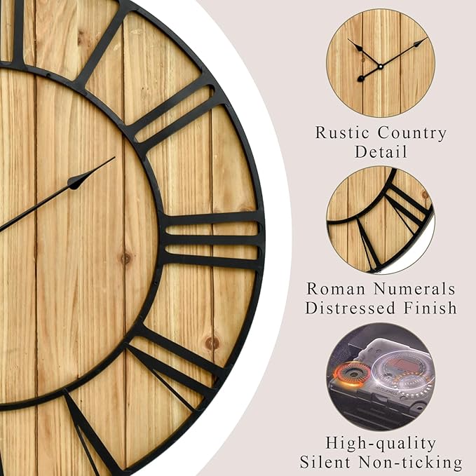Large Farmhouse Wall Clock 30 Inch Vintage Brown Wooden Wall Clock with Quiet Ticking and Minimalist Roman Numerals for Bedroom Living Room Office Kitchen Home Decor, Battery Operated