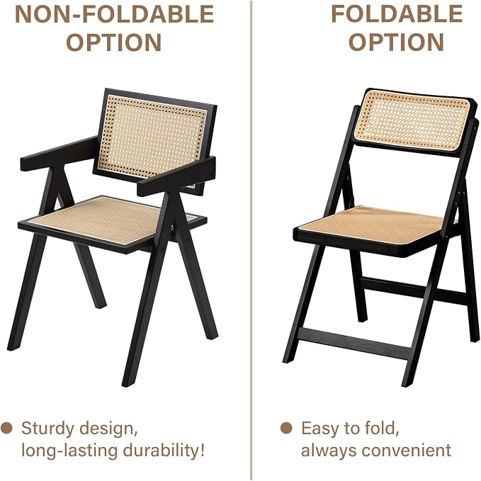 Furlide Rattan Folding Chairs, Modern Mid Century Dining Chairs Set of 2, Outdoor Bamboo Chairs for Bedroom Living Room Reading Room Dining Kitchen, Black