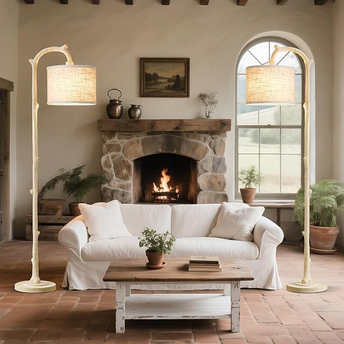 Floor Lamp for Living Room - 69" Rustic Farmhouse Tall Lamp with Adjustable Color Temperatures- Country Resin Vintage Reading Light Standing Lamps for Bedroom Office Home Decor, Almond White
