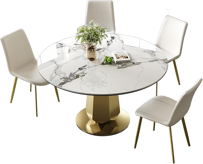 Montary 53 inch Luxury Round Dining Table Set with Sintered Stone Top & Gold Stainless Steel Base, Modern 5-Piece Kitchen Set for 4-8 People, Dining Table with 4 White PU Chairs, Easy Assembly