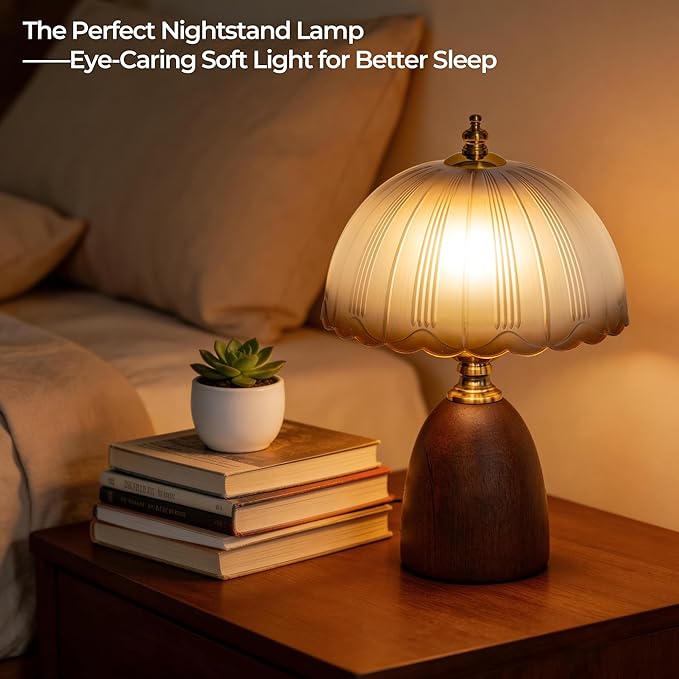 13“ Mid-Century Modern Amber Small Table Lamp, Vintage Scalloped Gradient Glass Bedside Lamp for Bedroom Living Room, Solid Walnut Wood Style Base 3-Color Dimmable LED, Aesthetic Decor Gift