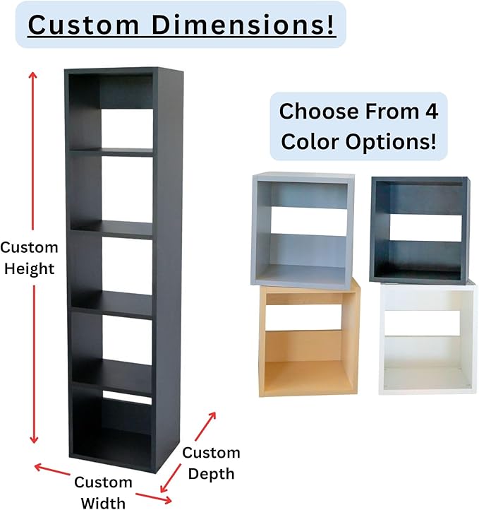 Custom Sized 5-Cube Cubby; Choose color, width, depth, and height. Units are 3/4 inch thick premium grade melamine for strong, solid unit. Easy assembly. Place on the floor or mount on a wall.