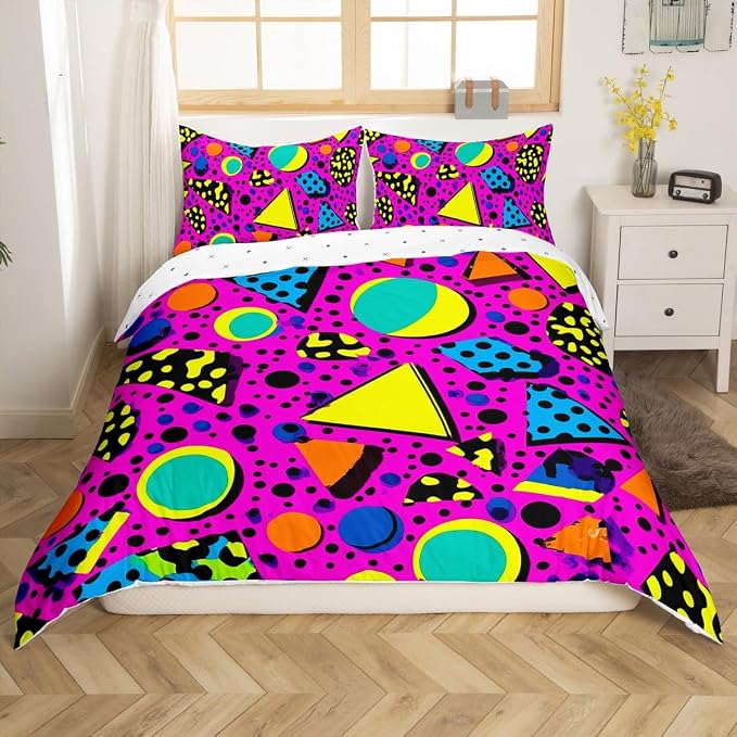 Geometric Duvet Cover Twin,3D Round Circular Triangle Square Bedding Set Retro Vintage Abstract 80S 90S Memphis Style Design Comforter Cover,Kids Child Multicolor Geometric Shapes Bedroom Decor
