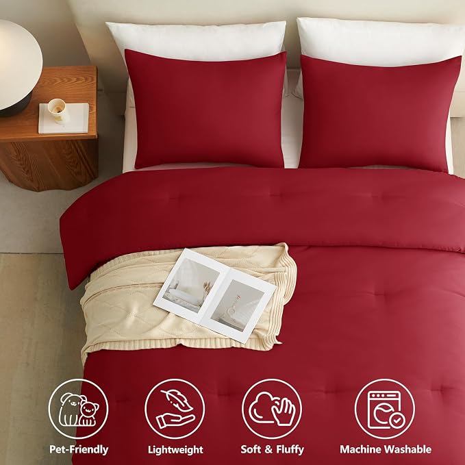 CozyLux California King Comforter Set Dark Red, 3 Pieces Cal King Lightweight Down Alternative Quilted Bedding Sets, All Season Breathable Solid Comforter with 2 Pillowcases, Bed Set Gift for Home